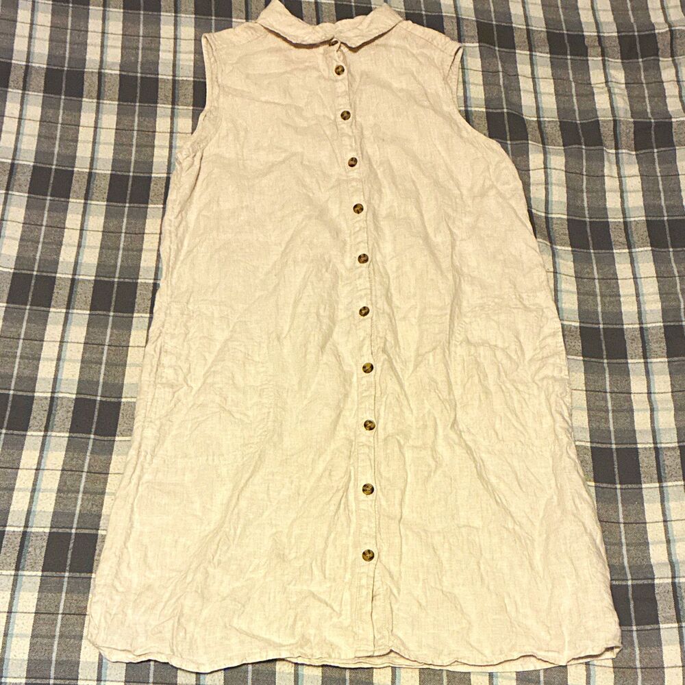 Halston Beige Linen Woven Shirt Dress Sleeveless Collared Button Front M